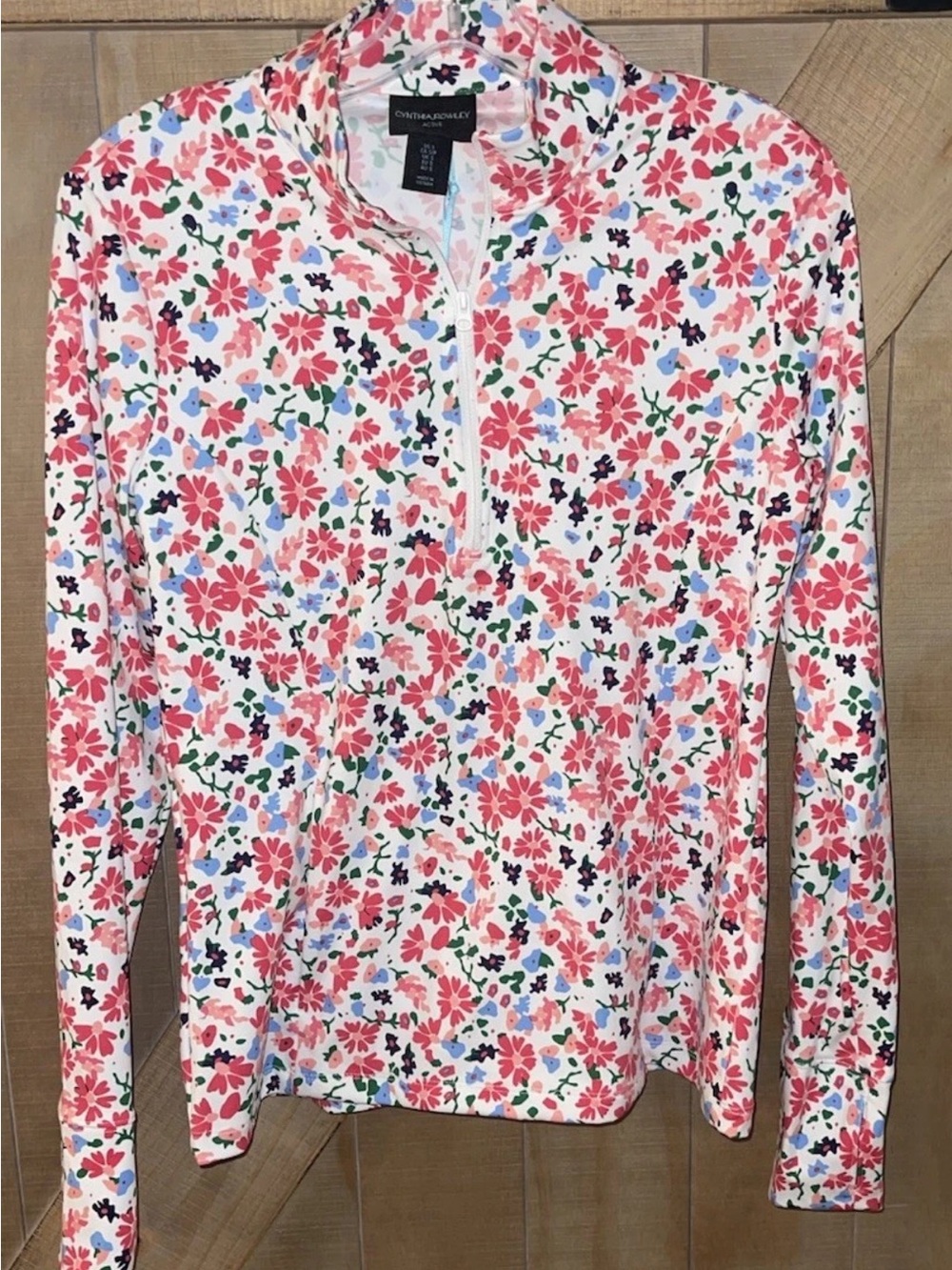 Cynthia Rowley White Floral Half-Zip Pullover with Pink & Blue Flowers